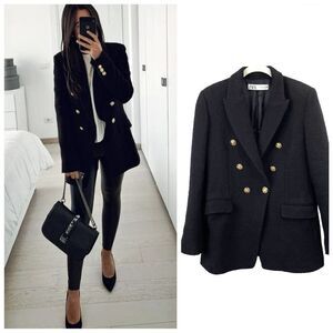 Zara Double breasted‎ textured weave jacket Sz M black